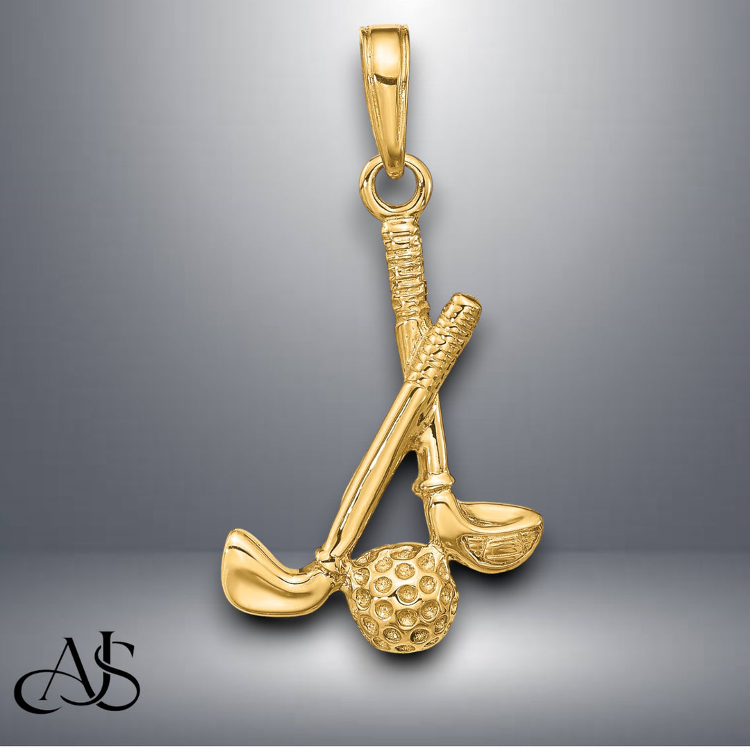 14K Yellow Gold 3-D Clubs and Ball Pendant with Necklace Chain Options