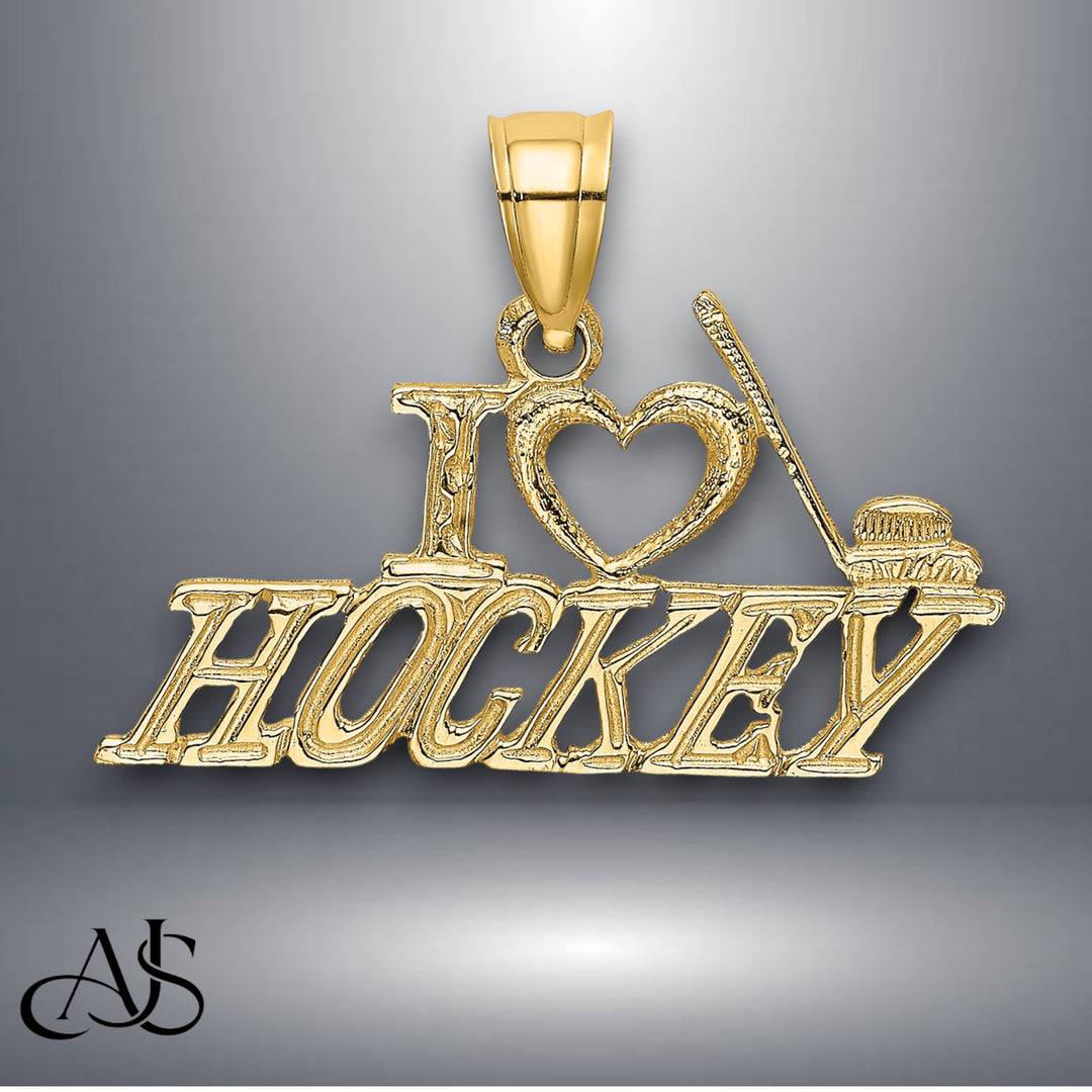 14K Yellow Gold I LOVE HOCKEY Charm with Necklace Chain Options
