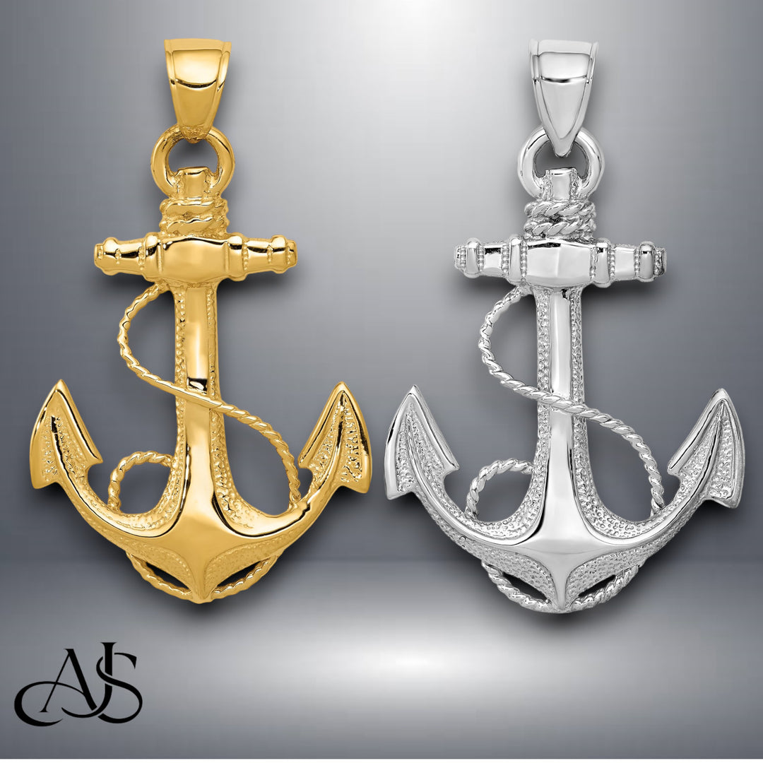 14K Yellow Gold or White Gold 2-D Anchor with Rope Pendant with Necklace Chain Options