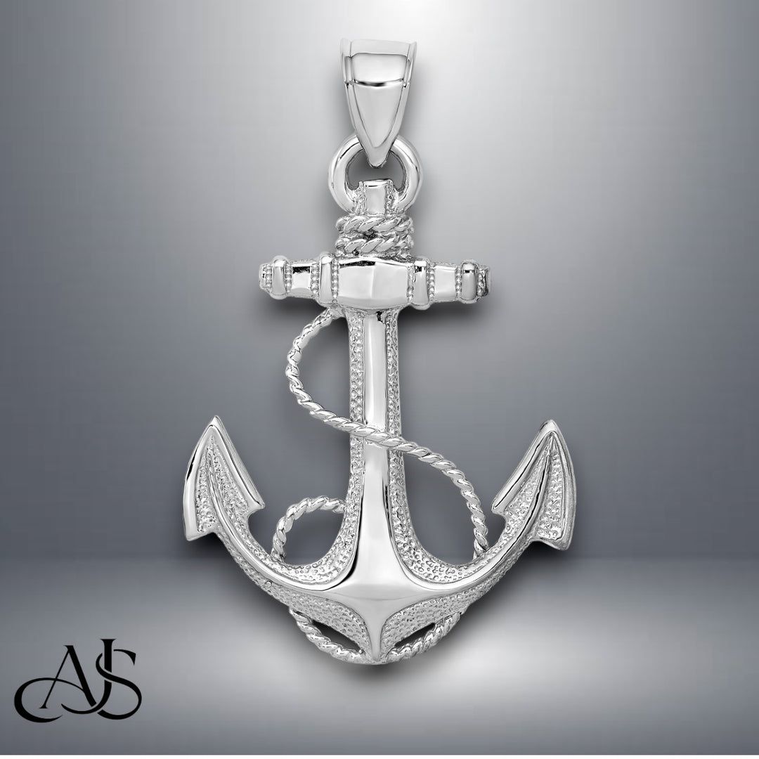 14K Yellow Gold or White Gold 2-D Anchor with Rope Pendant with Necklace Chain Options