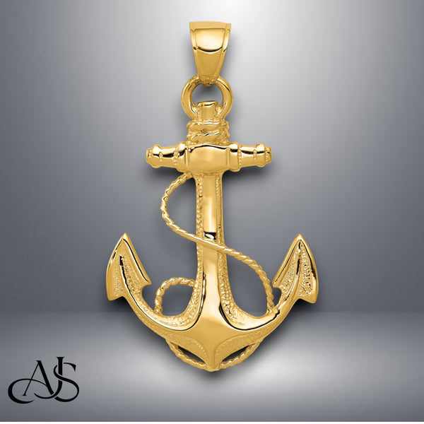 14K Yellow Gold or White Gold 2-D Anchor with Rope Pendant with Necklace Chain Options