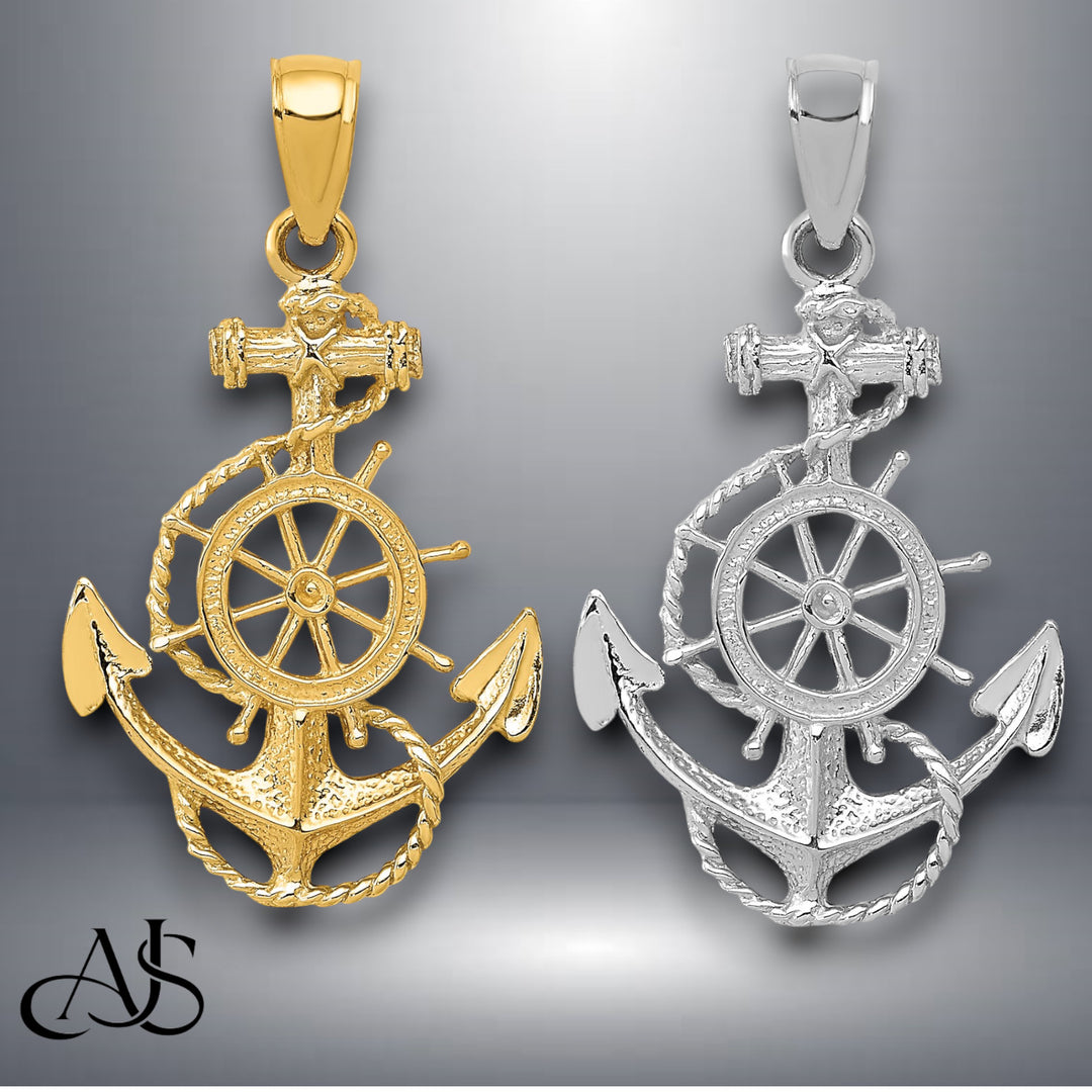 14K Yellow Gold or White Gold Anchor and Wheel Pendant with Necklace Chain Options