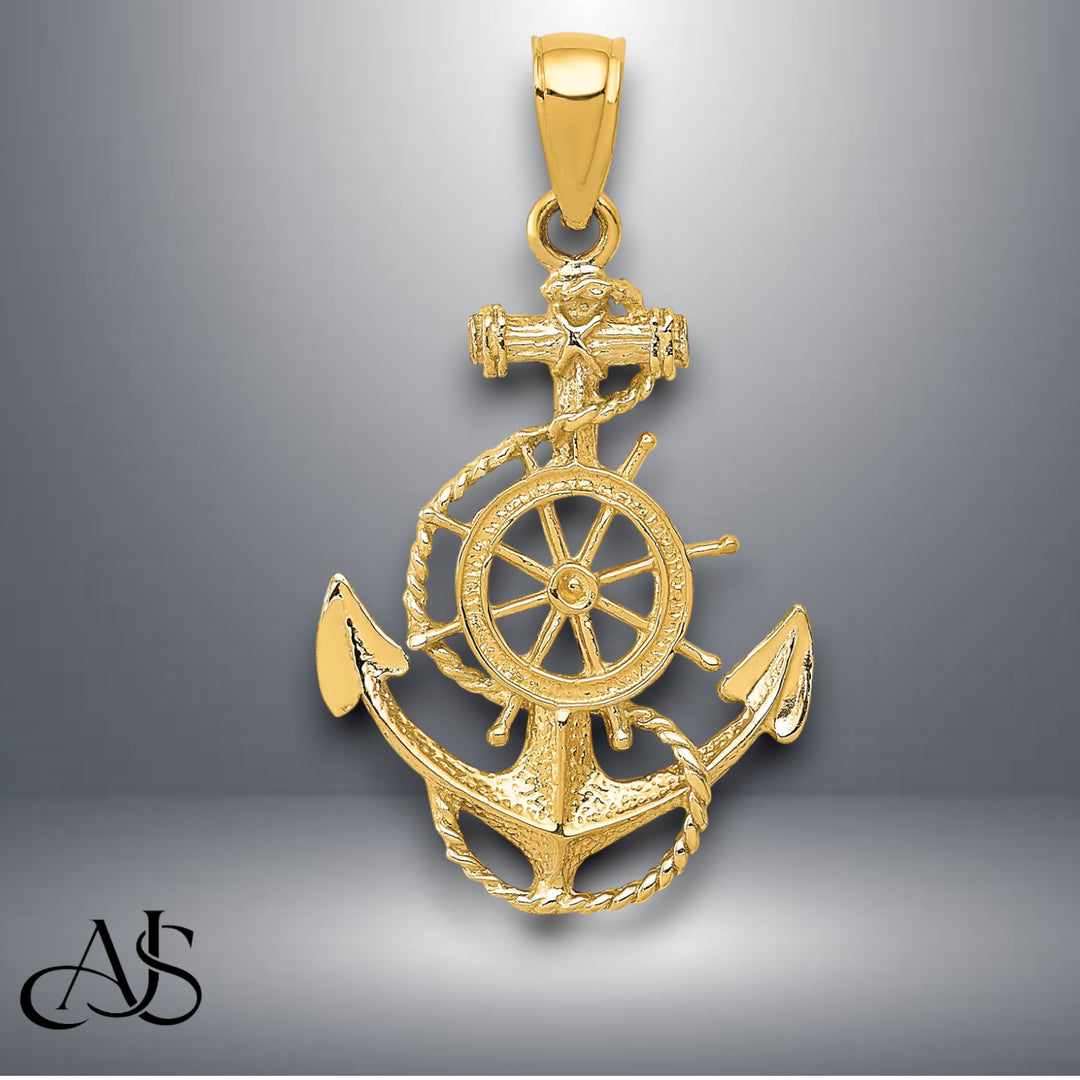 14K Yellow Gold or White Gold Anchor and Wheel Pendant with Necklace Chain Options