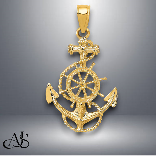 14K Yellow Gold or White Gold Anchor and Wheel Pendant with Necklace Chain Options