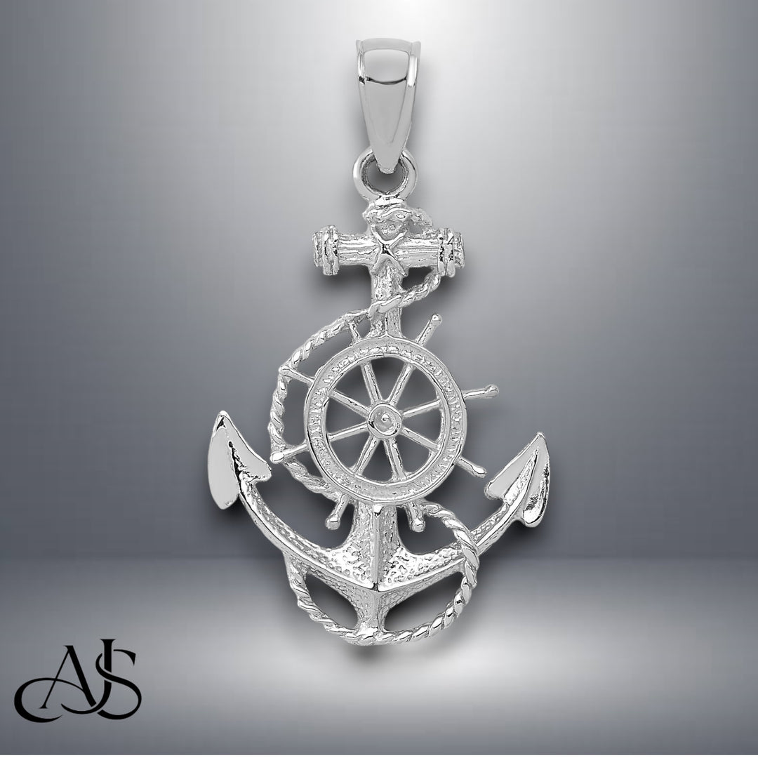 14K Yellow Gold or White Gold Anchor and Wheel Pendant with Necklace Chain Options