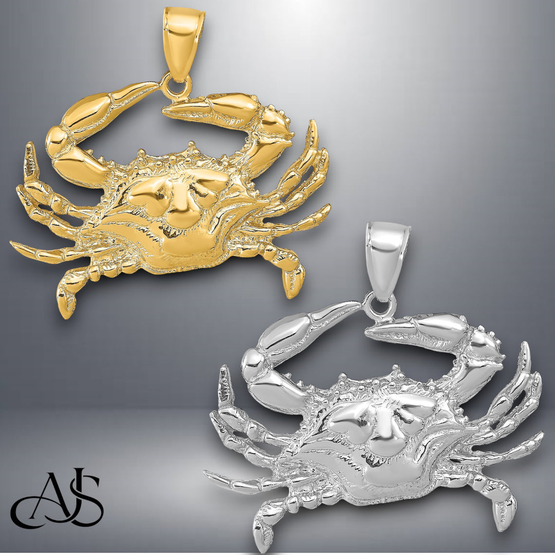 14K Yellow Gold or White Gold Blue Crab Pendant with Necklace Chain Options
