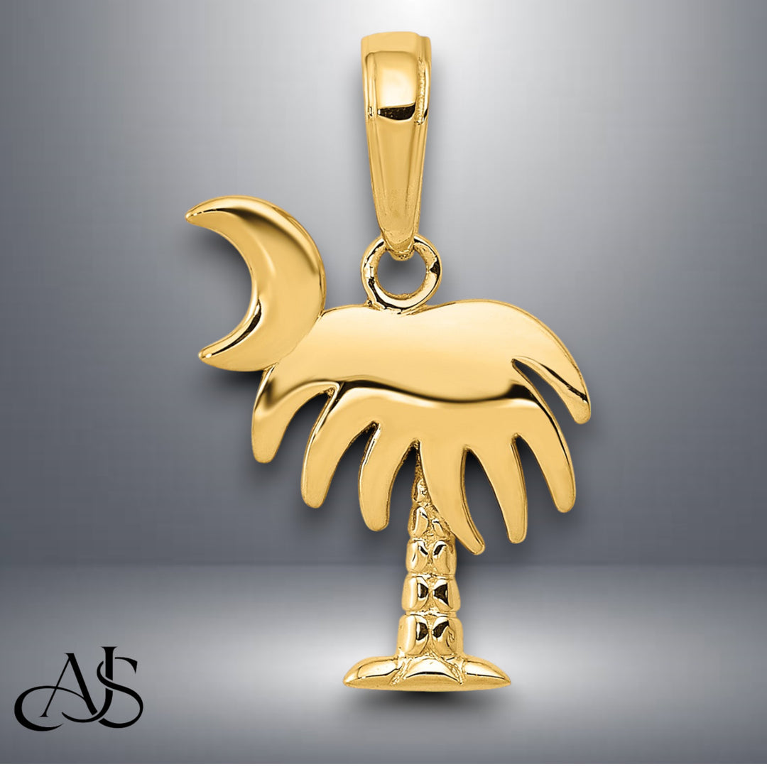 14K Yellow Gold or White Gold Charleston Palm Tree with Moon Pendant with Necklace Chain Options