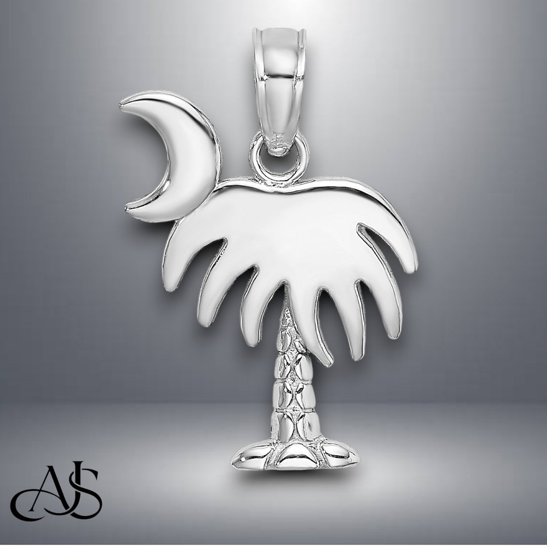 14K Yellow Gold or White Gold Charleston Palm Tree with Moon Pendant with Necklace Chain Options