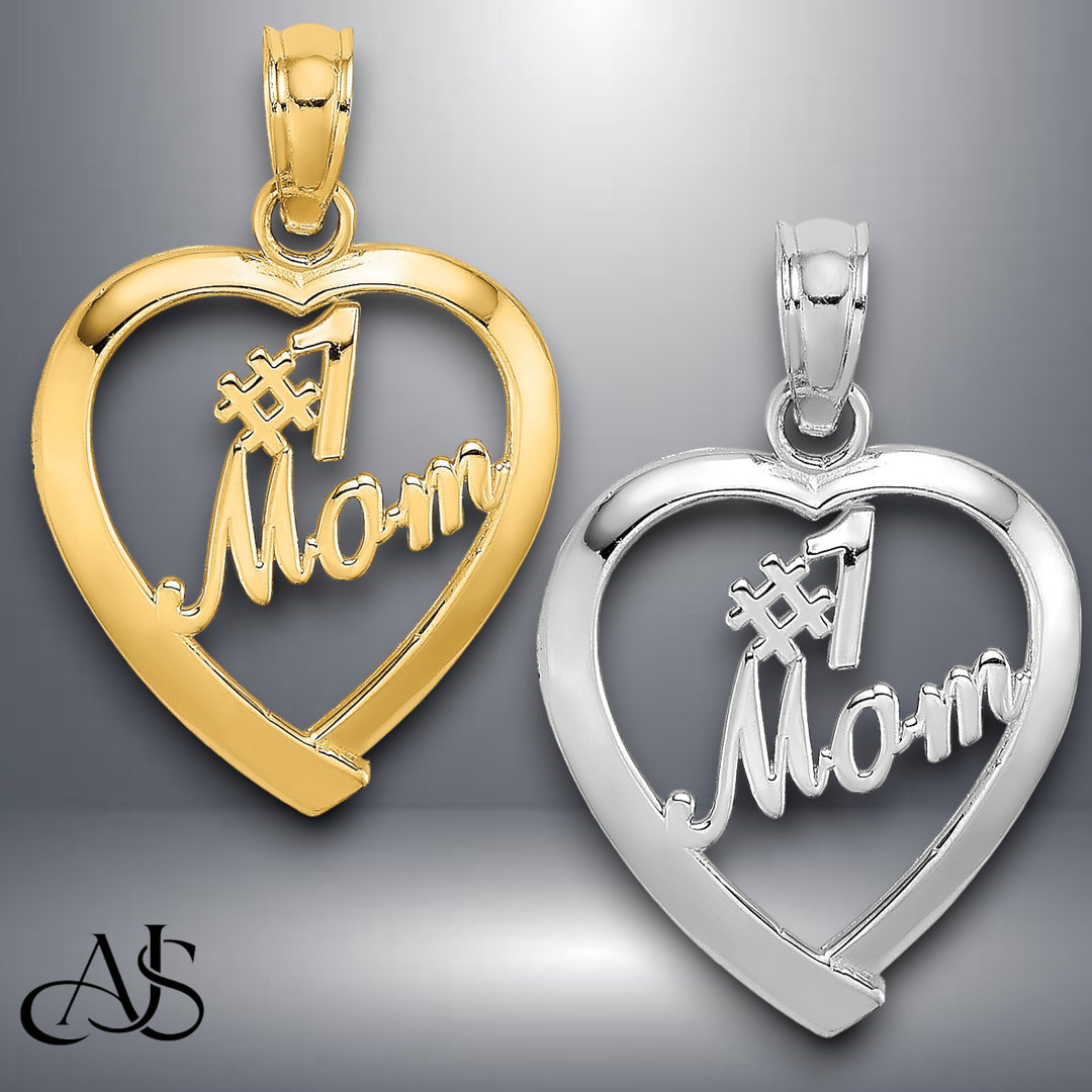 14K Yellow Gold or White Gold #1 MOM in Heart Charm with Necklace Chain Options