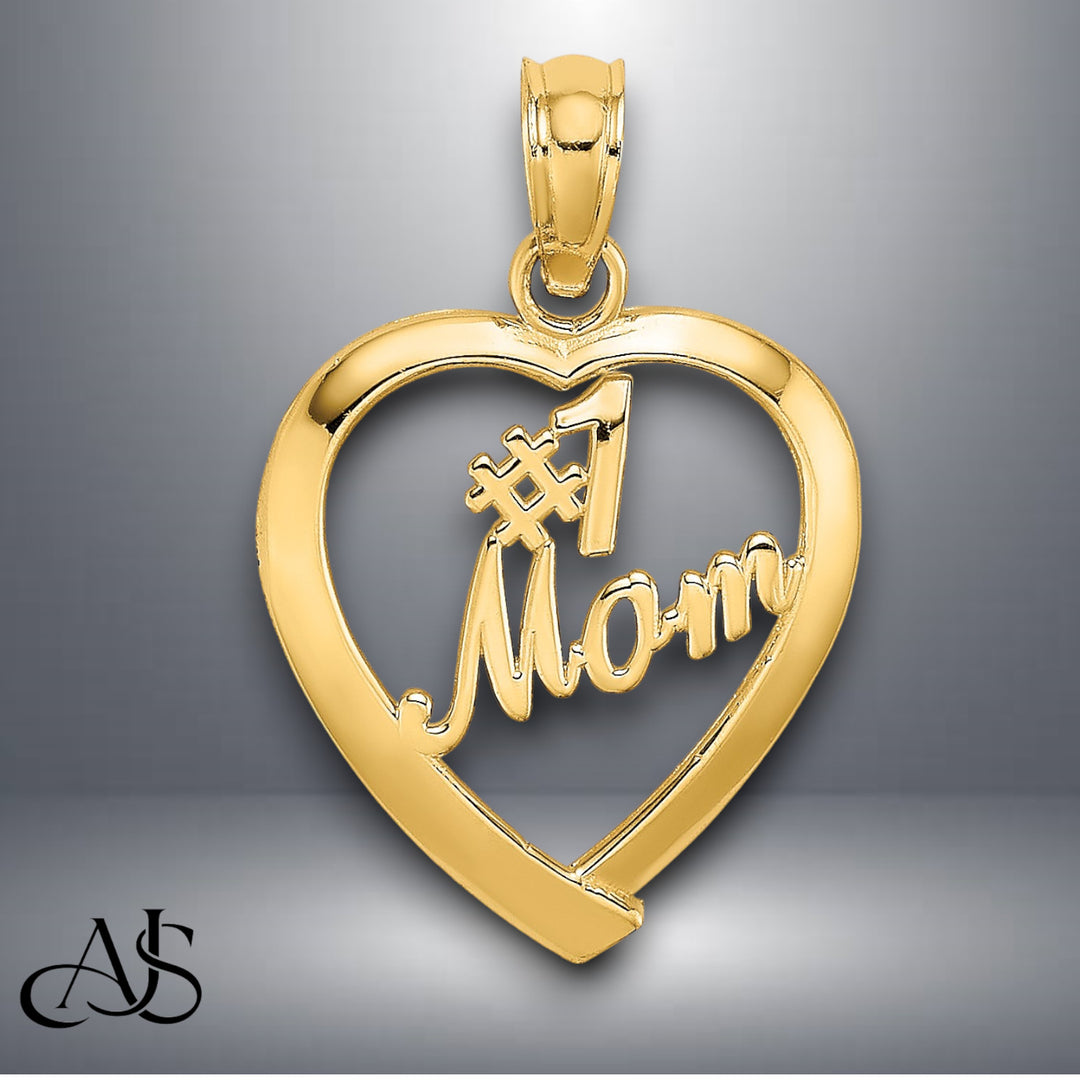 14K Yellow Gold or White Gold #1 MOM in Heart Charm with Necklace Chain Options