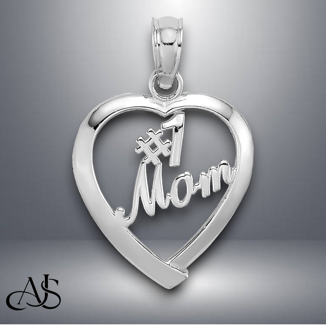 14K Yellow Gold or White Gold #1 MOM in Heart Charm with Necklace Chain Options