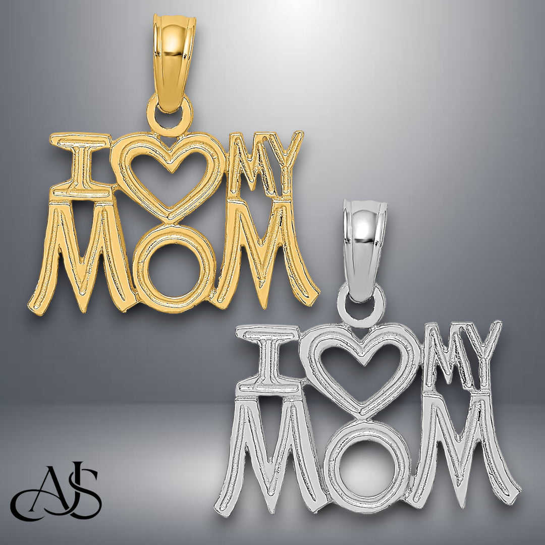 14K Yellow Gold or White Gold I HEART MY MOM Charm with Necklace Chain Options