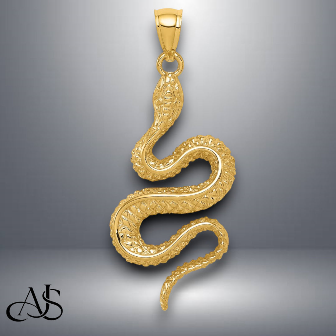 14K Yellow Gold Polished Textured Snake Pendant with Necklace Chain Options