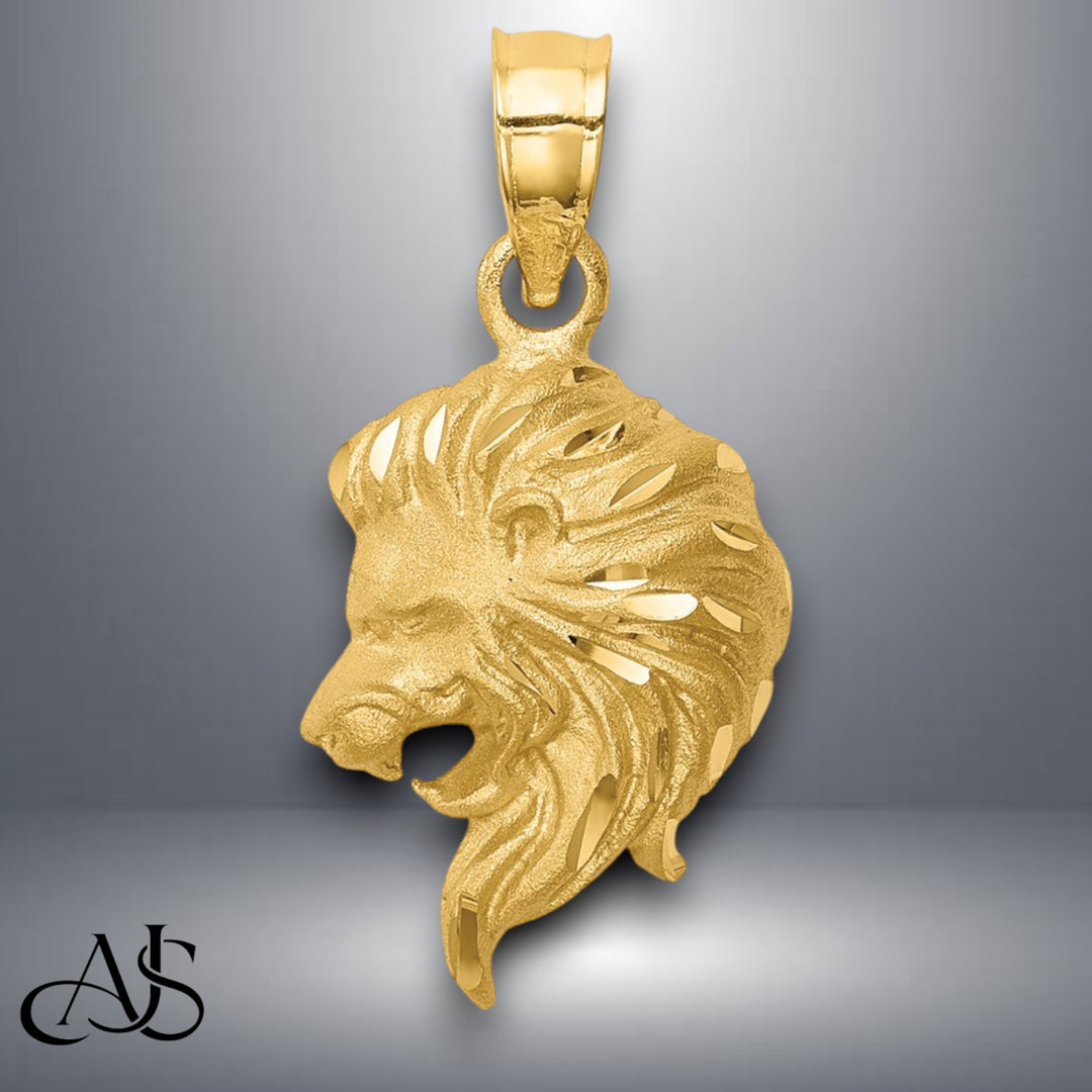 14K Yellow Gold Brushed Diamond-cut Lion Head Pendant with Necklace Chain Options