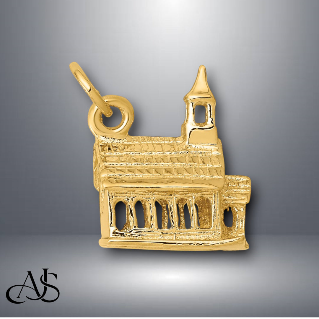 14K Yellow Gold 3-D Church Charm with Necklace Chain Options