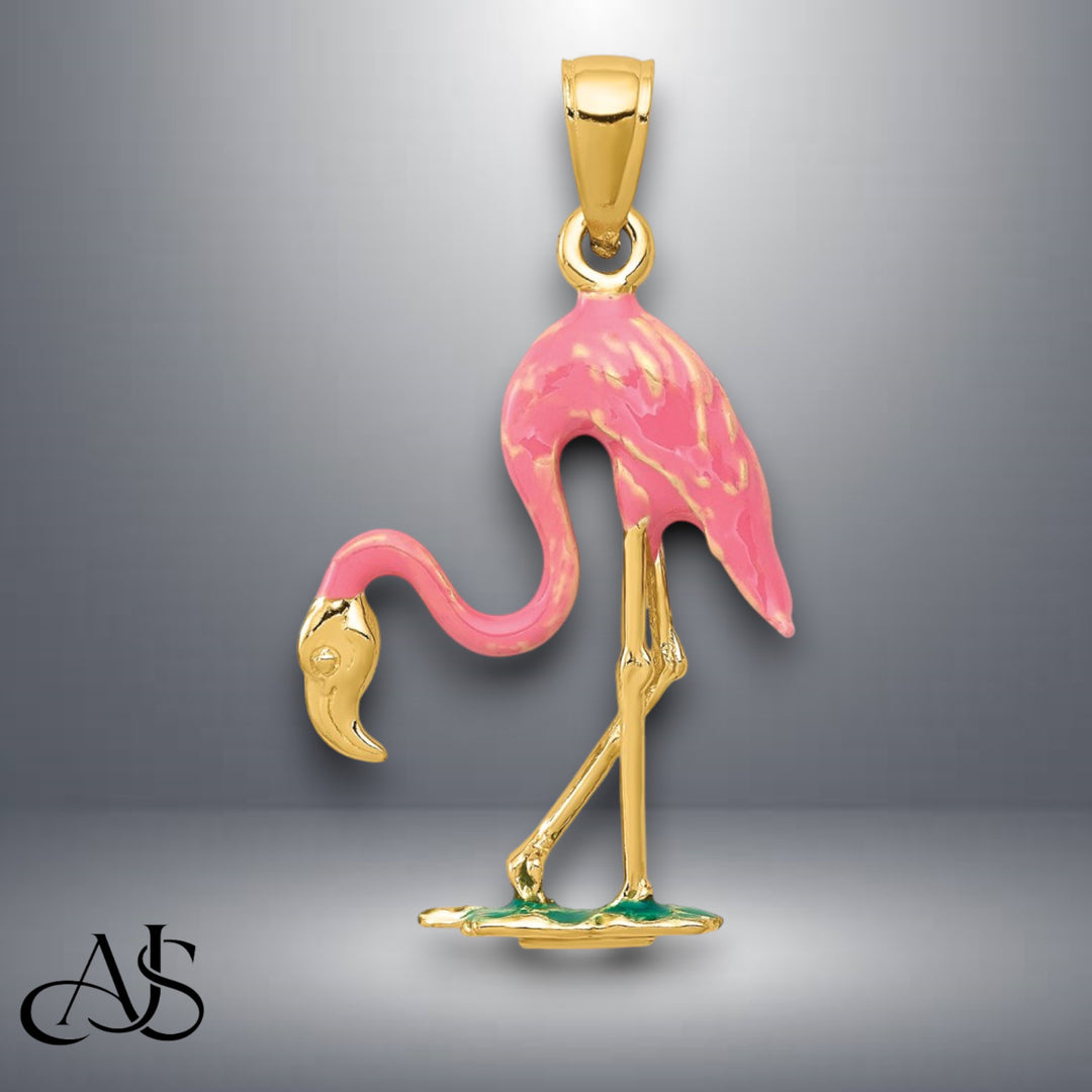 14K Yellow Gold Enameled 3-D Pink Flamingo Pendant with Necklace Chain Options