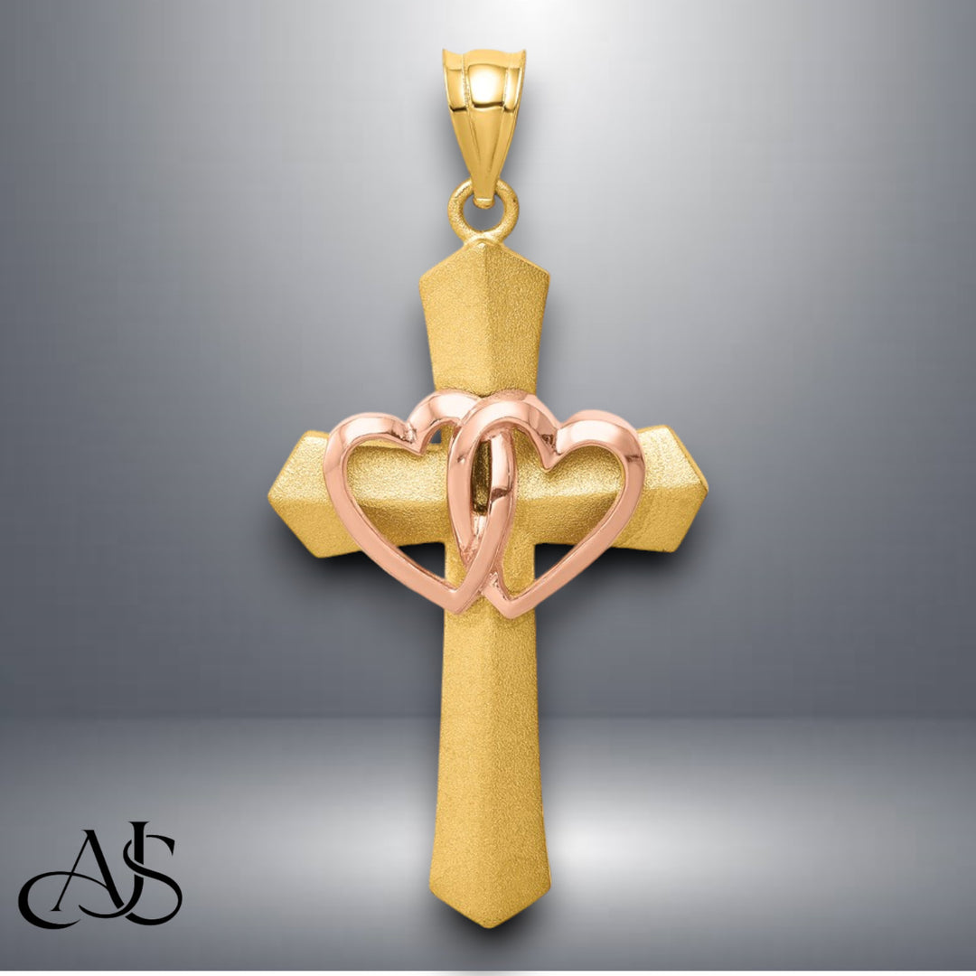 14K Two-tone Gold Double Heart Cross Charm with Necklace Chain Options