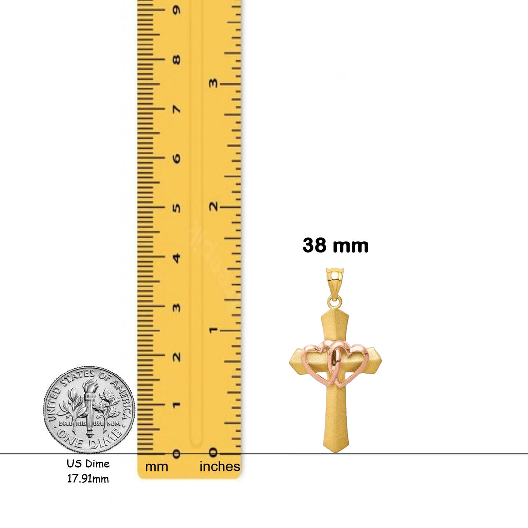 14K Two-tone Gold Double Heart Cross Charm with Necklace Chain Options