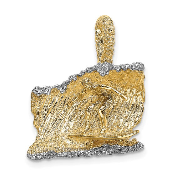 14K Yellow Gold & Rhodium 3-D Surfer In Wave Charm with Necklace Chain Options
