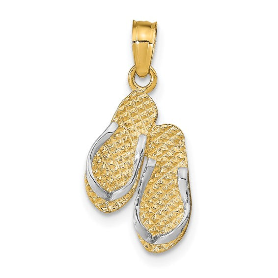 14K Yellow Gold w/Rhodium 3D HAWAII Double Flip-Flop Pendant with Necklace Chain Options