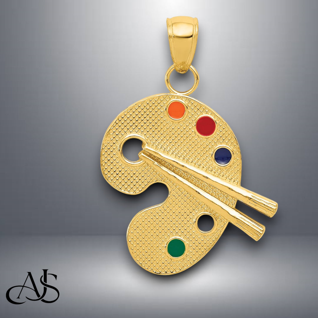 14K Yellow Gold Enameled Artist Palette Pendant with Necklace Chain Options