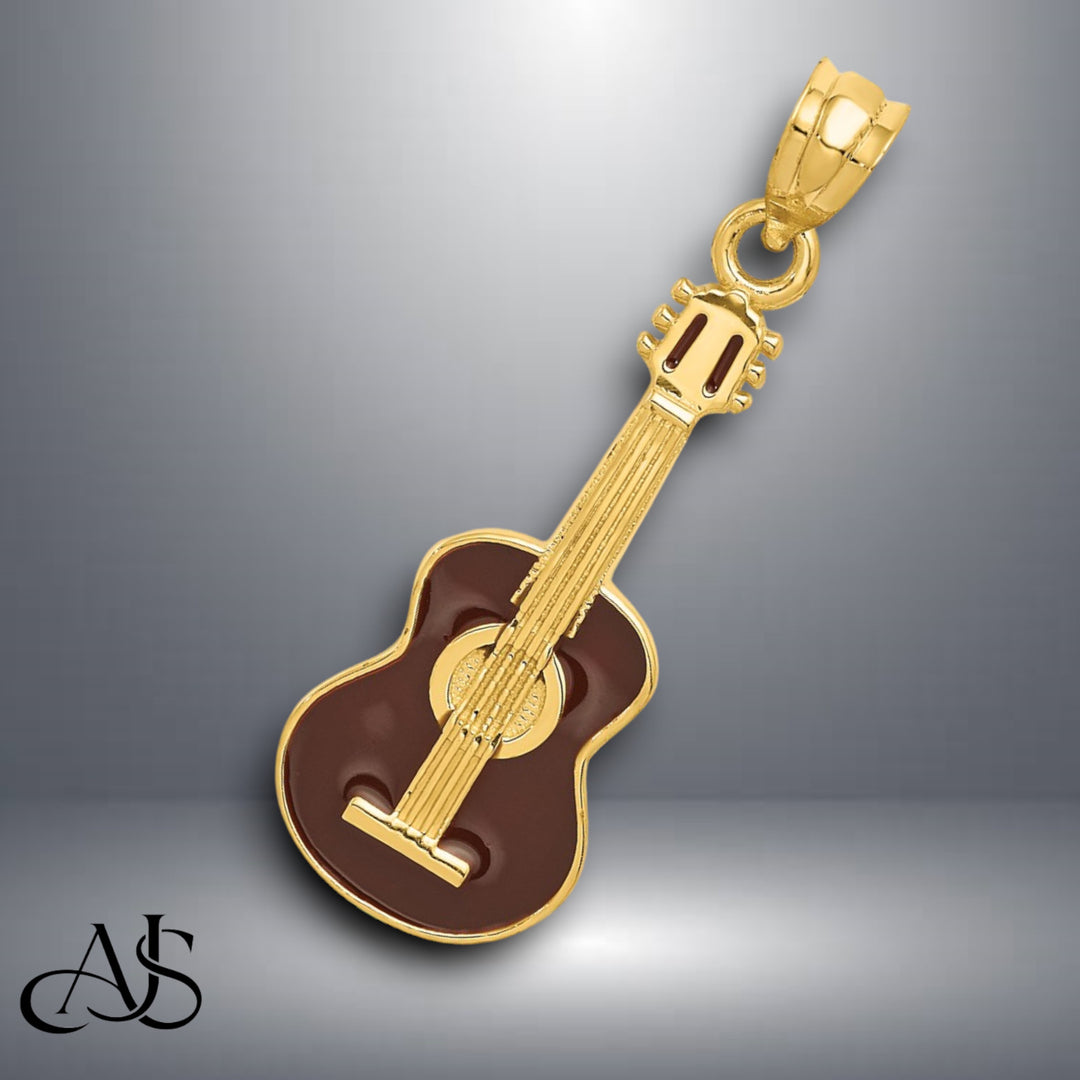 14K Yellow Gold Enameled Guitar Pendant with Necklace Chain Options