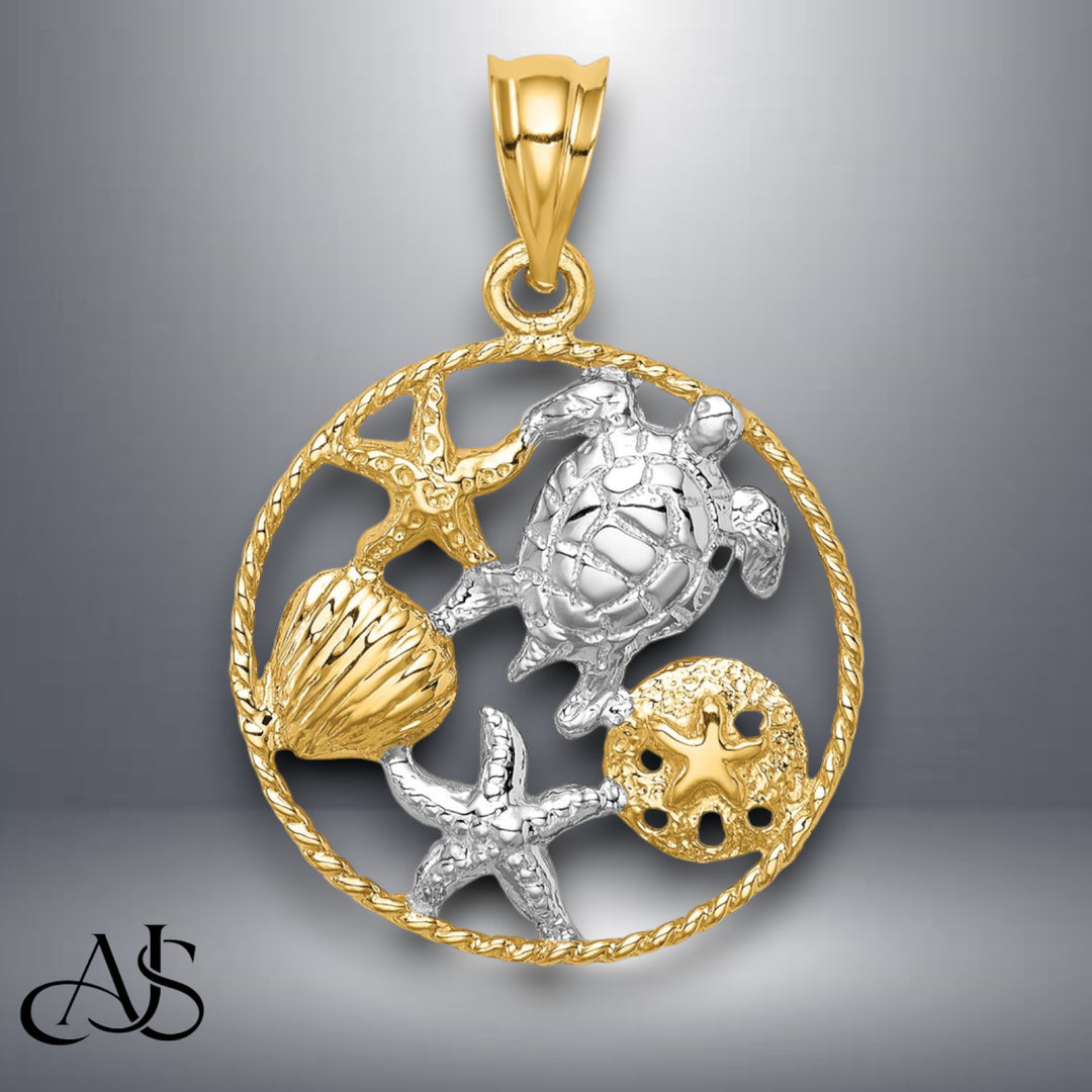14K Yellow Gold w/White Rhodium Polished Sealife Pendant with Necklace Chain Options