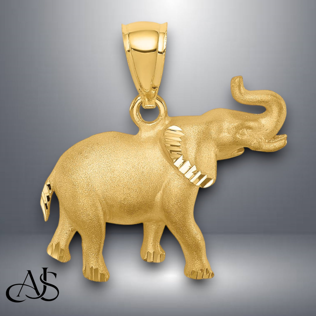 14K Yellow Gold Brushed Diamond-cut Elephant Pendant with Necklace Chain Options
