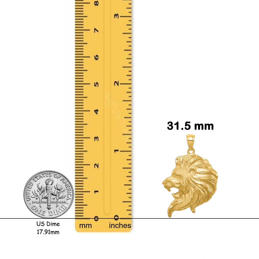 14K Yellow Gold Brushed Diamond-cut Lion Head Pendant with Necklace Chain Options