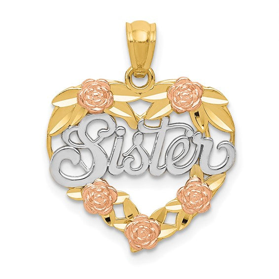 14K Two-tone Gold w/White Rhodium SISTER Heart Pendant with Necklace Chain Options