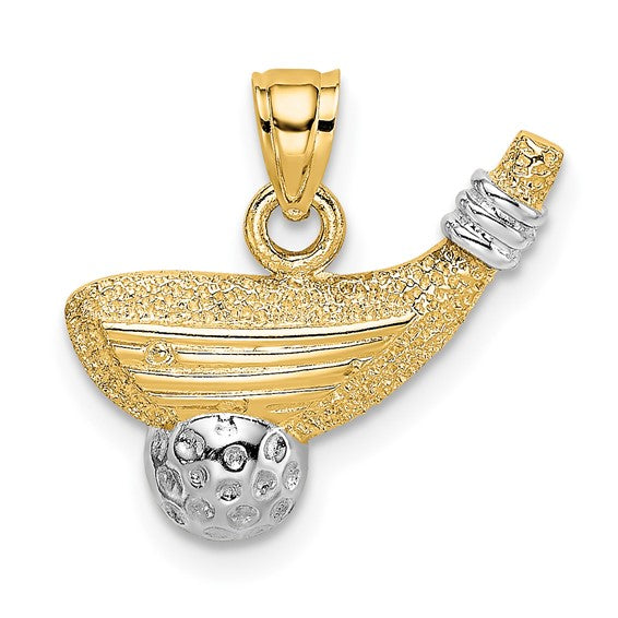 14K Yellow Gold Rhodium Golf Club and Ball Charm with Necklace Chain Options