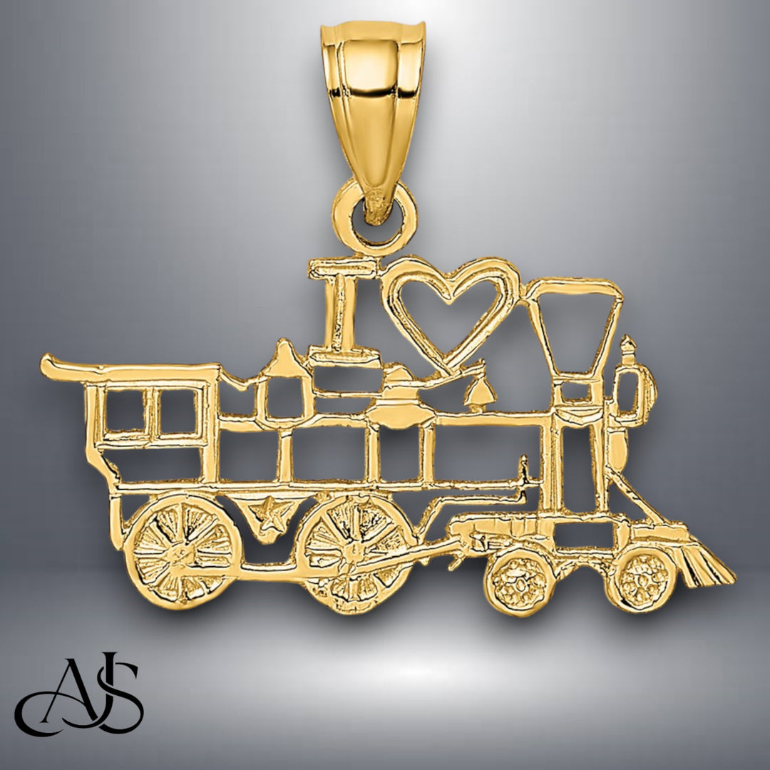 14K Yellow Gold I LOVE TRAINS Charm with Necklace Chain Options