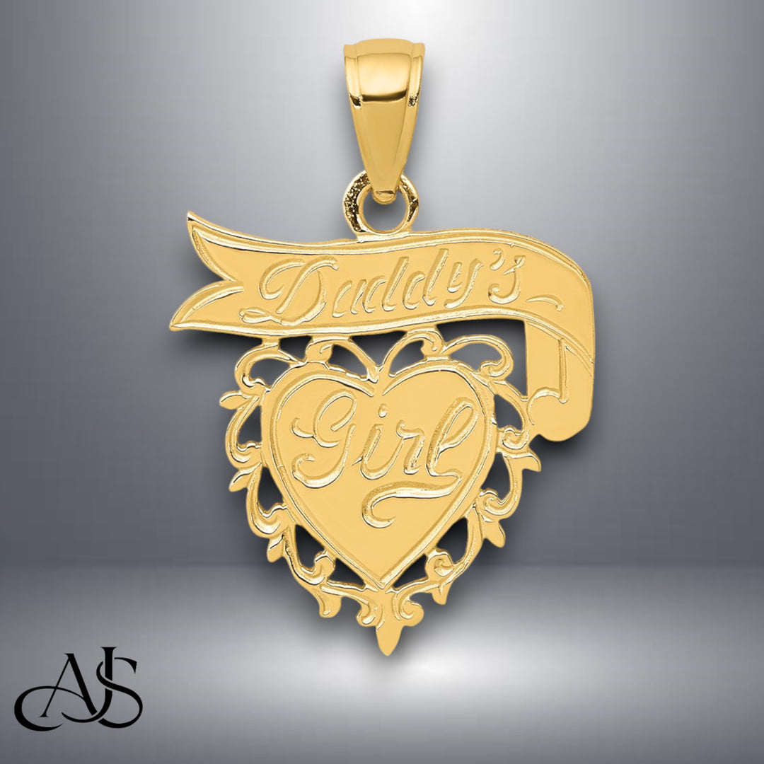 14K Yellow Gold DADDYS GIRL Heart Pendant with Necklace Chain Options