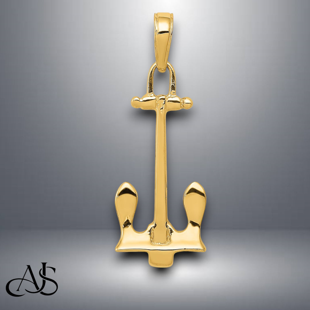 14K Yellow Gold 3D Navy Anchor Pendant with Necklace Chain Options