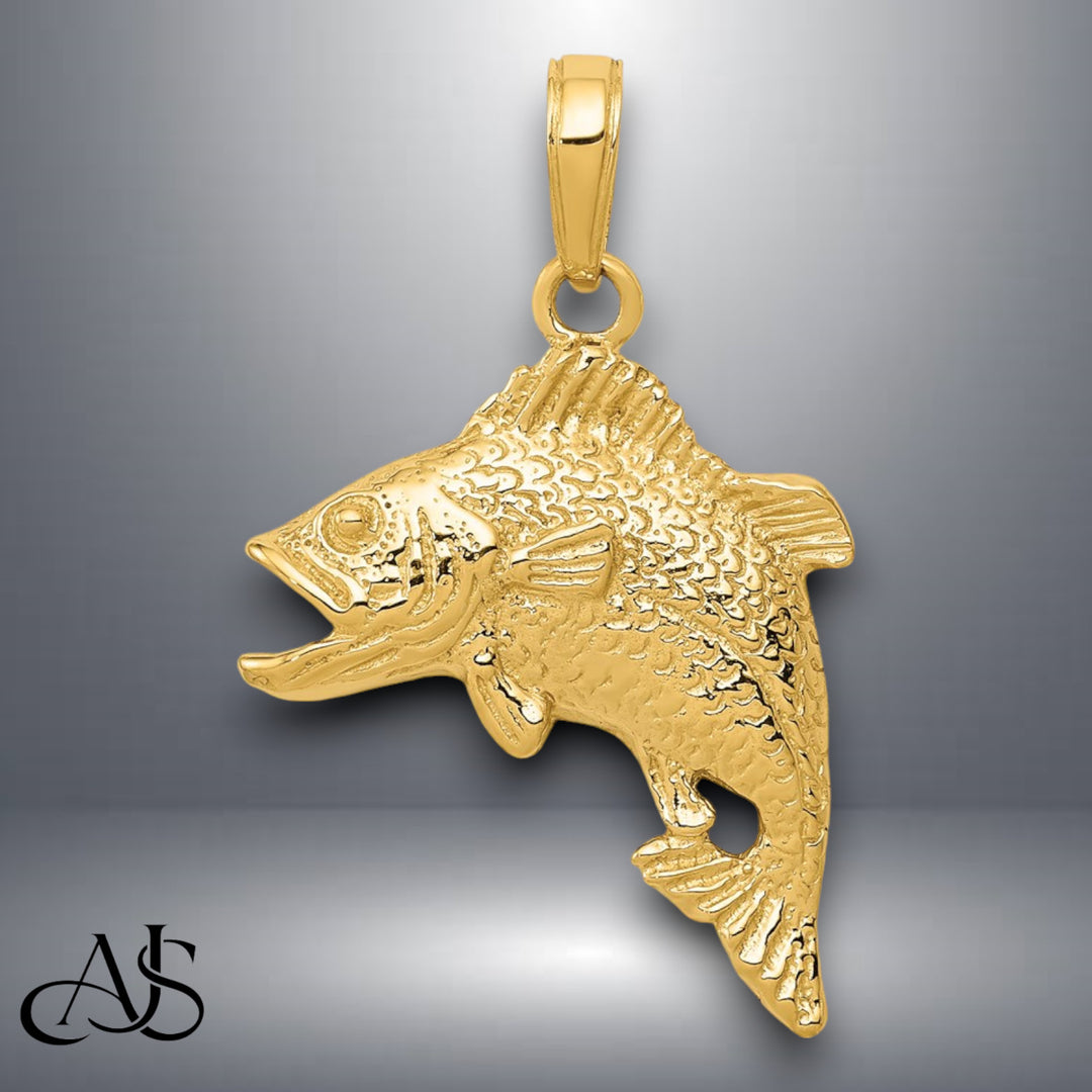 14K Yellow Gold Jumping Bass Fish Pendant with Necklace Chain Options