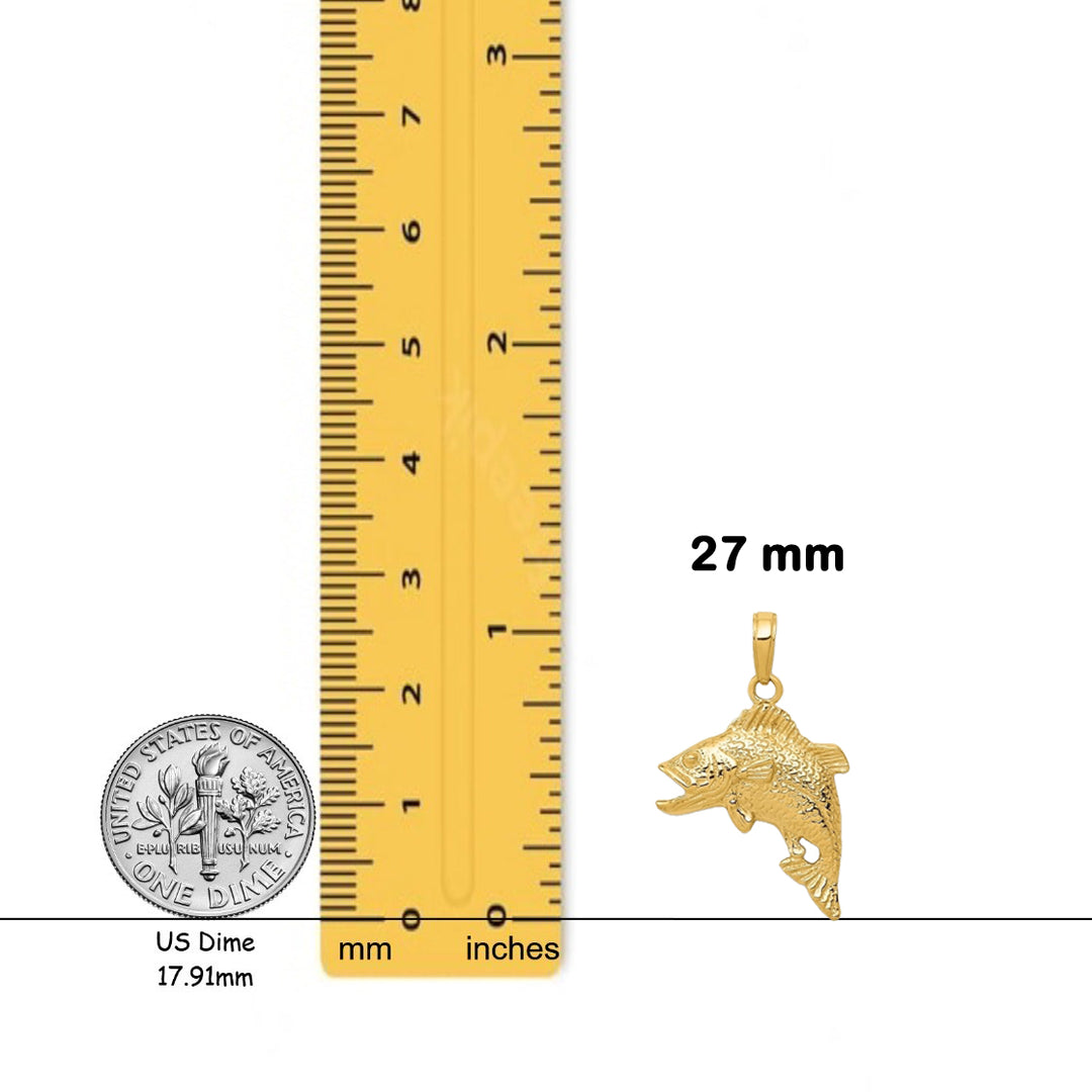 14K Yellow Gold Jumping Bass Fish Pendant with Necklace Chain Options