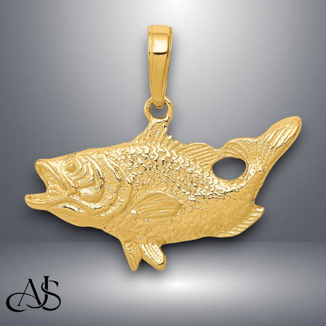 14K Yellow Gold Open Mouthed Bass Fish Pendant with Necklace Chain Options