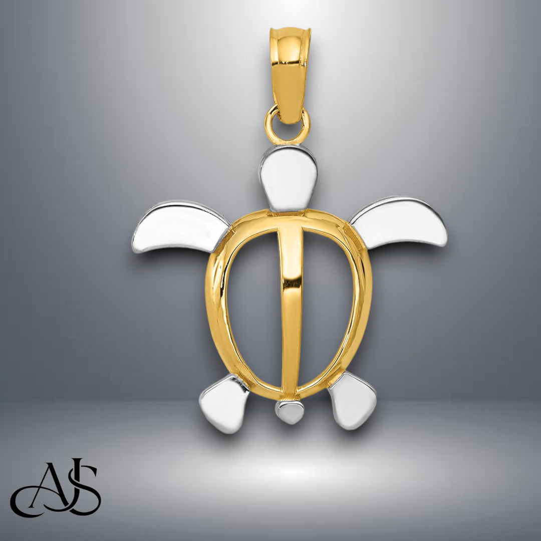 14K Yellow Gold and Rhodium Sea Turtle Pendant with Necklace Chain Options