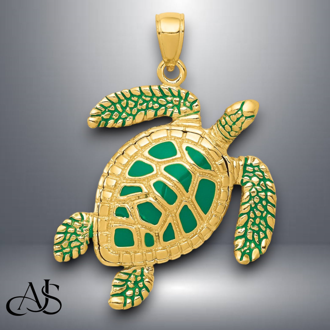 14K Yellow Gold 3-D Enameled Sea Turtle Pendant with Necklace Chain Options