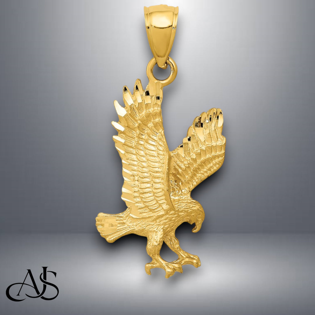14K Yellow Gold Satin Diamond-cut Eagle Pendant with Necklace Chain Options