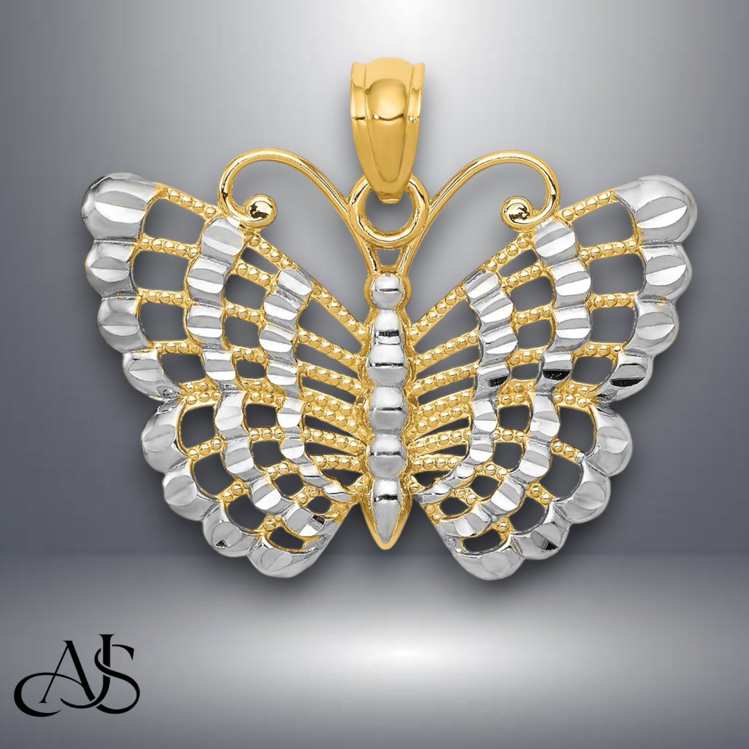 14K Yellow Gold and Rhodium Diamond-cut Butterfly Pendant with Necklace Chain Options