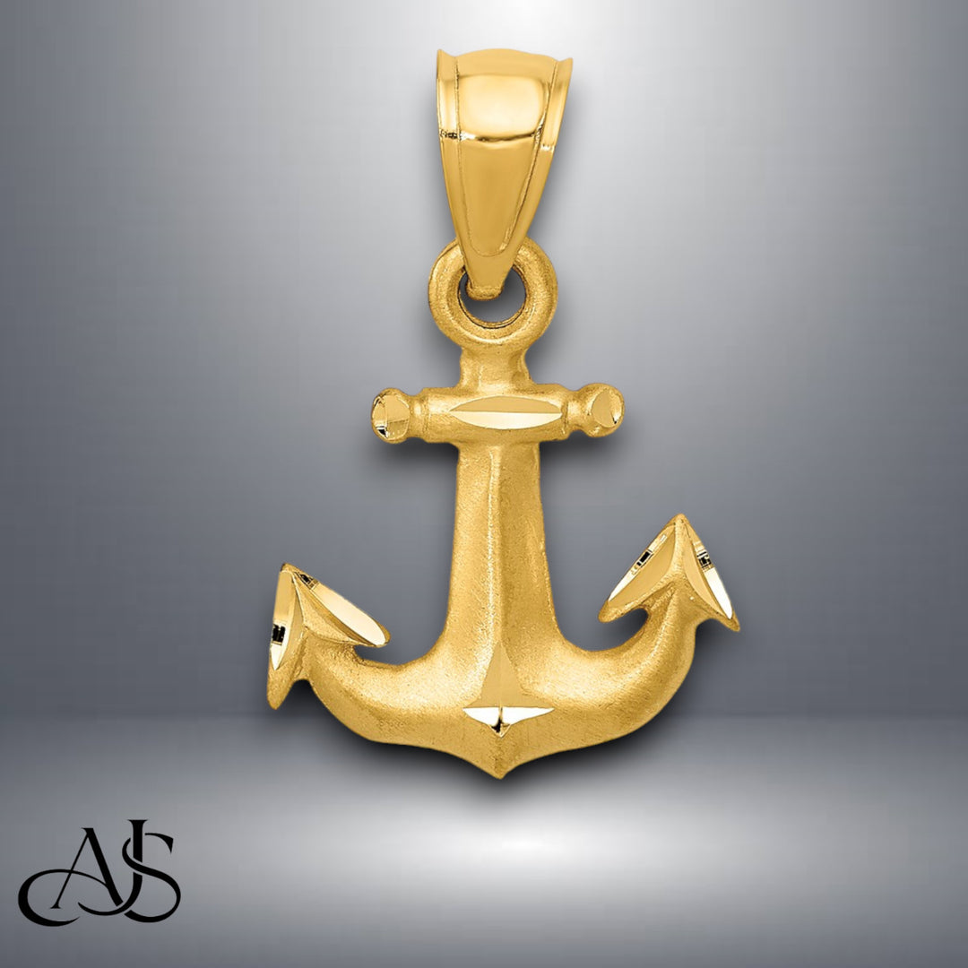 14K Yellow Gold Diamond-cut Anchor Pendant with Necklace Chain Options