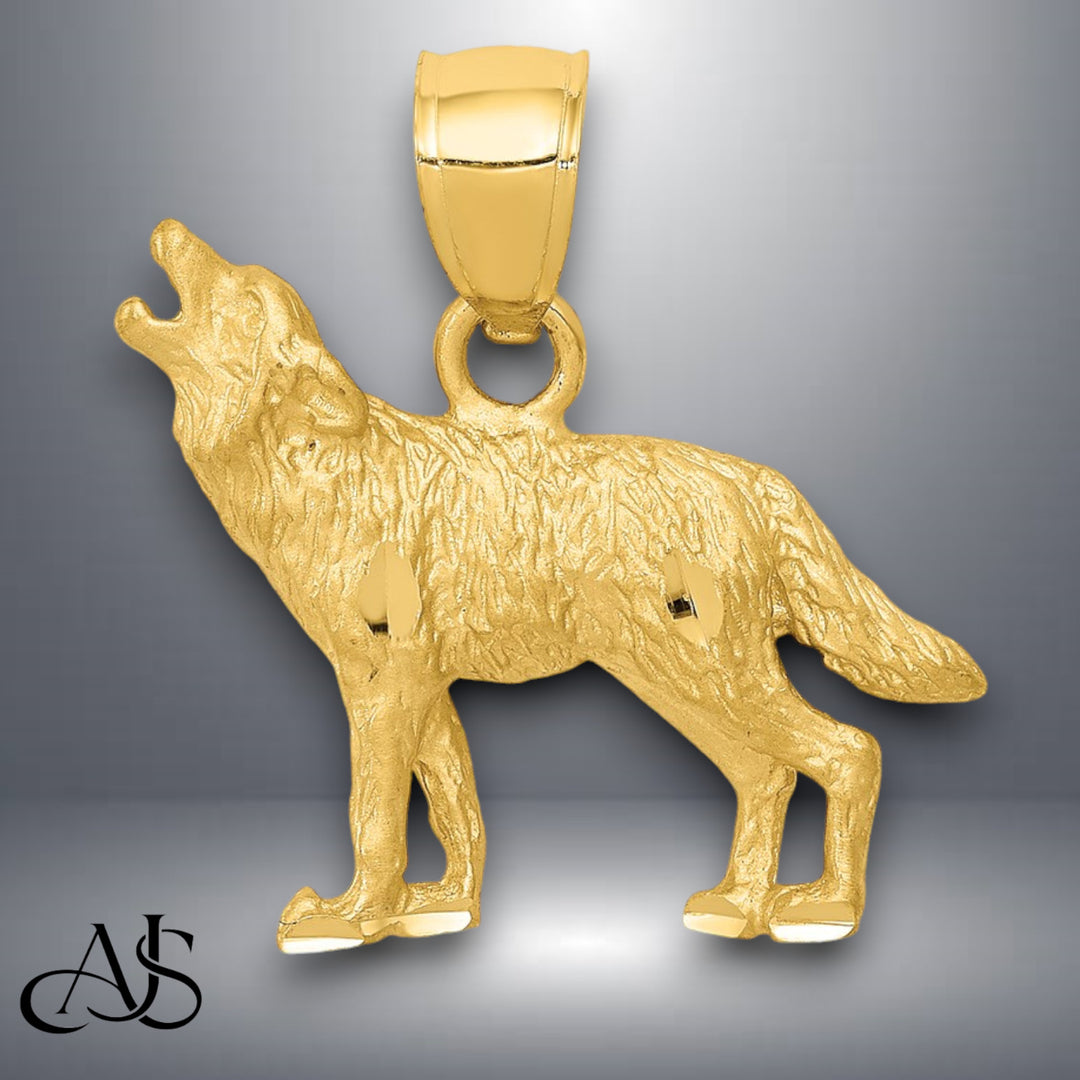 14K Yellow Gold Diamond-cut Wolf Pendant with Necklace Chain Options