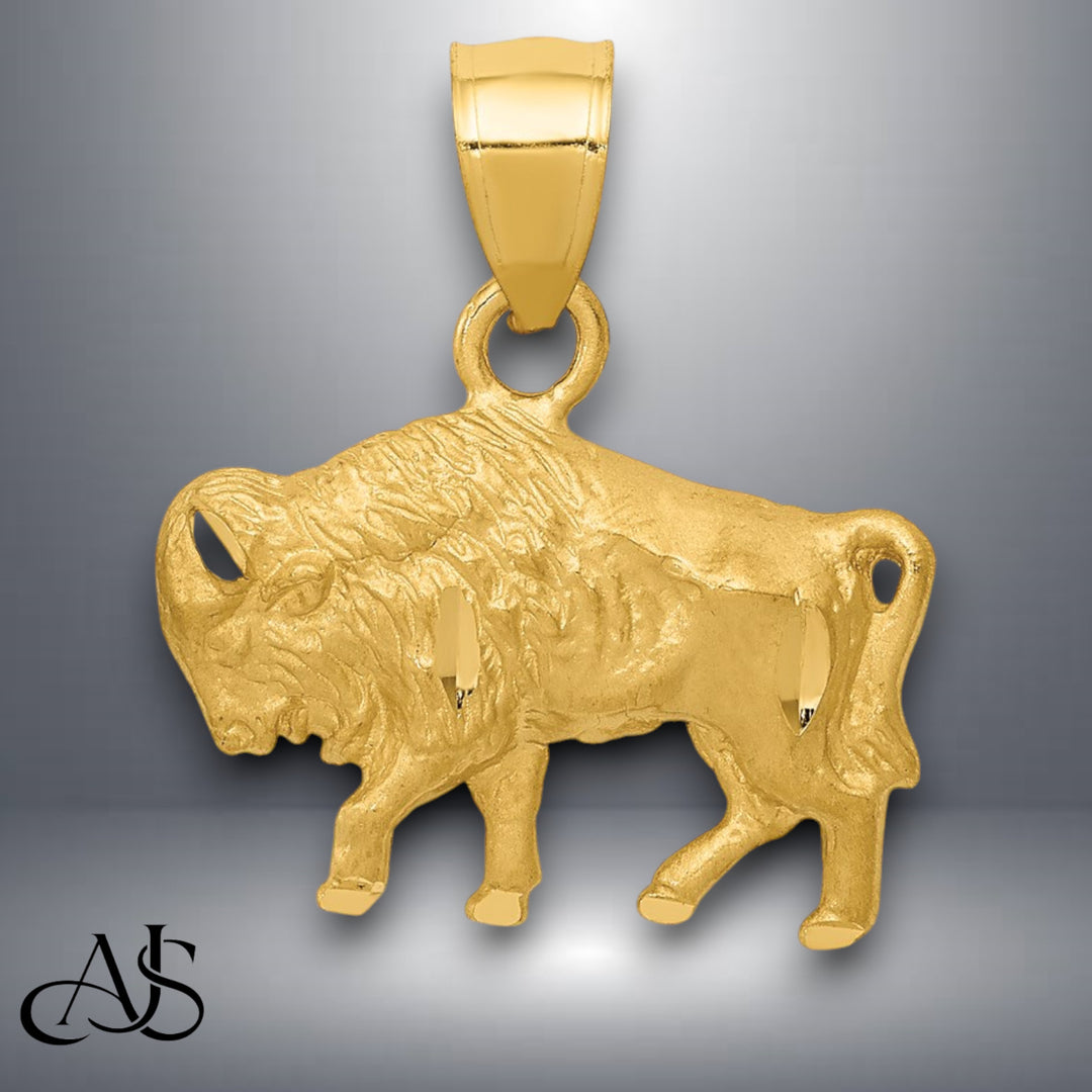 14K Yellow Gold Diamond-cut Buffalo Pendant with Necklace Chain Options