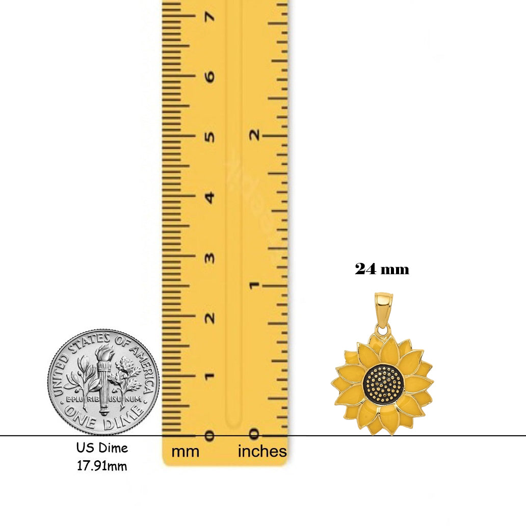 14K Yellow Gold Enameled Yellow Sunflower Pendant with Necklace Chain Options