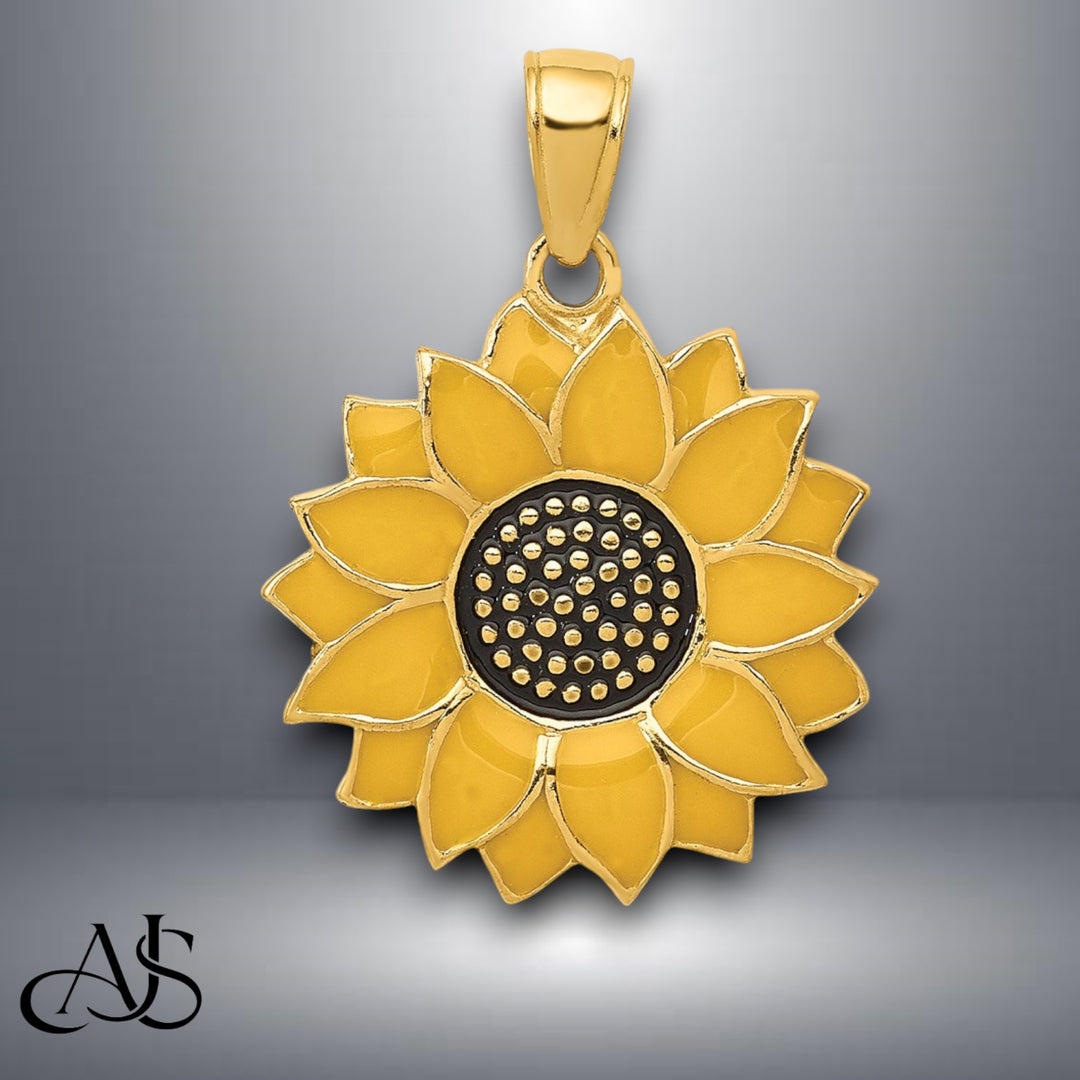 14K Yellow Gold Enameled Yellow Sunflower Pendant with Necklace Chain Options