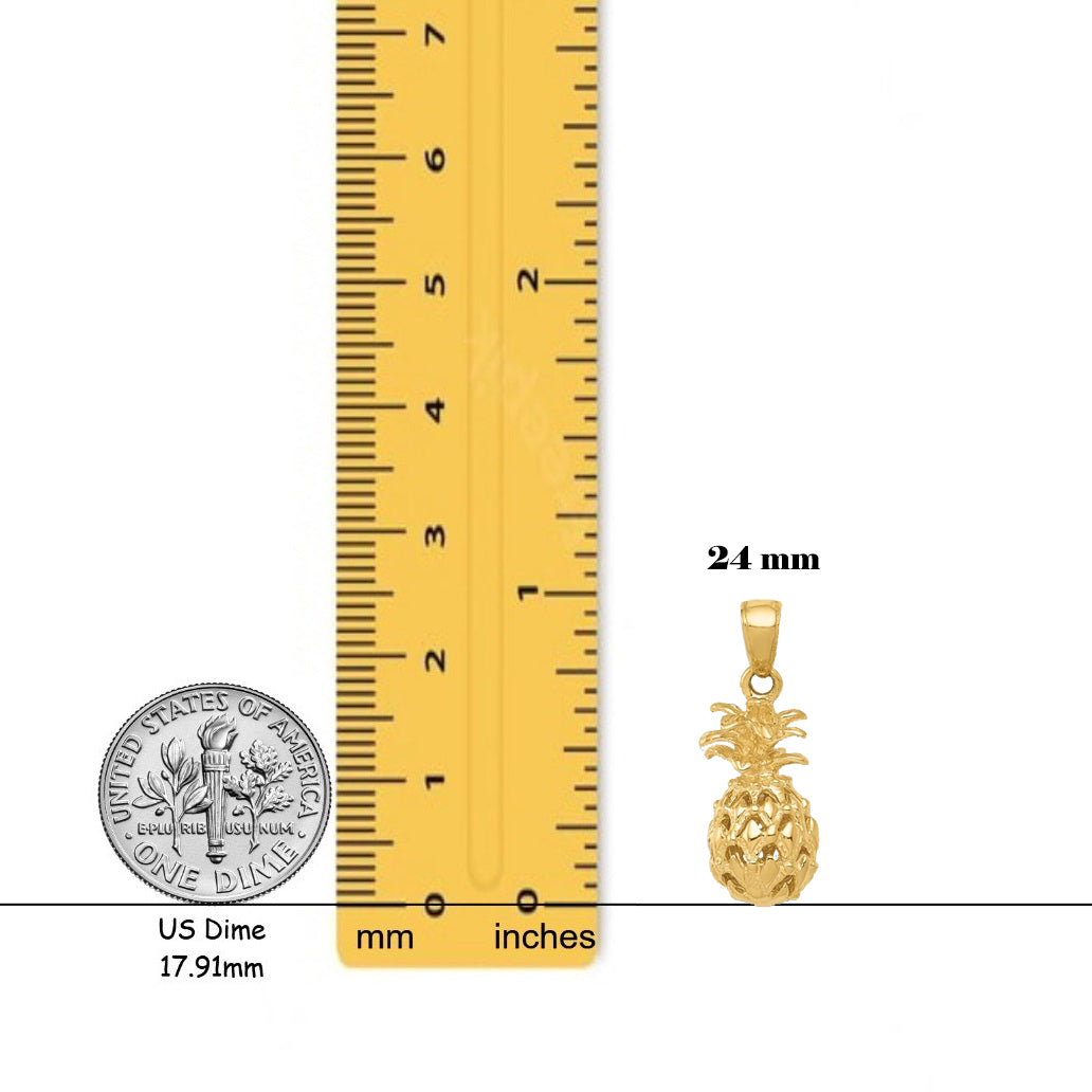 14K Yellow Gold or White Gold 3D Cut-out Pineapple Pendant with Necklace Chain Options