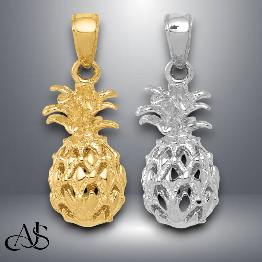 14K Yellow Gold or White Gold 3D Cut-out Pineapple Pendant with Necklace Chain Options