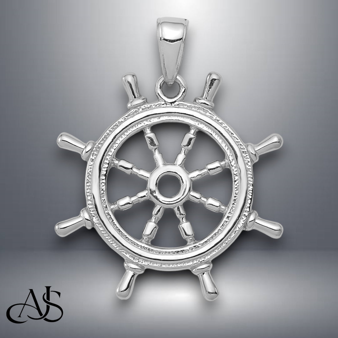 14K Yellow Gold or White Gold 3D Ships Wheel Pendant with Necklace Chain Options