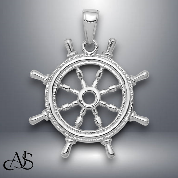 14K Yellow Gold or White Gold 3D Ships Wheel Pendant with Necklace Chain Options